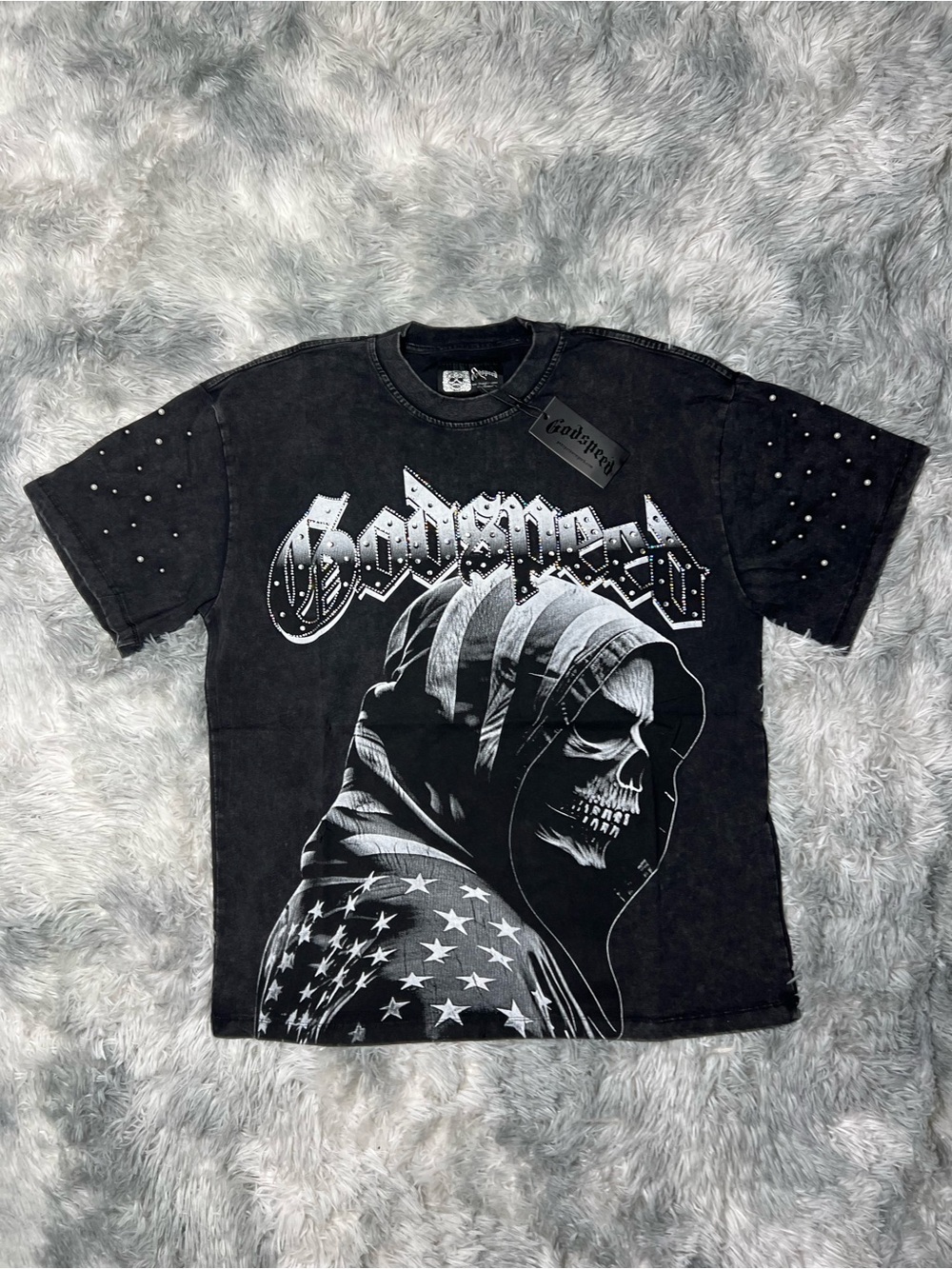 GODSPEED Black Graphic Skull Hooded Tee for Men